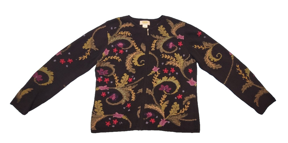 Talbots Petites M Cardigan Sweater Floral Tapestry Knit Zip Front Black Cottage